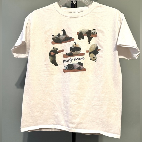 Gymnast collection! White T-shirt, youth size Large, “Bearly Beam” posing pandas - Picture 2 of 3